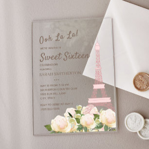 Invitations En Acrylique Tour Eiffel rose pâle Blanc Floral Sweet 16