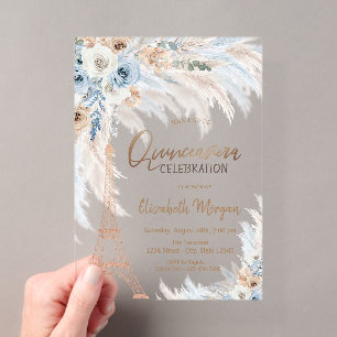 Invitations En Acrylique Tour Eiffel Roses bleues Herbe de Pampas Quinceane