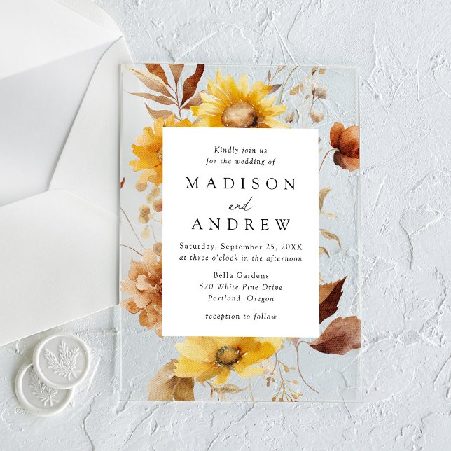 Invitations En Acrylique Tournesols d'automne rustique et Mariage Fleur sau (Créateur téléchargé)