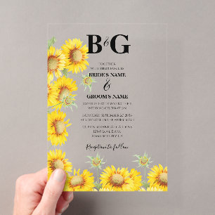 Invitations En Acrylique Tournesols Monogramme Aquarelle Jaune Mariage