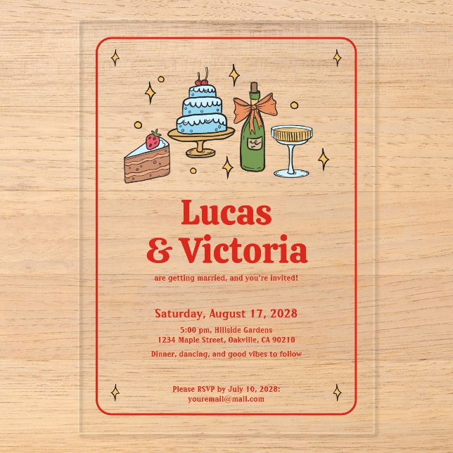 Invitations En Acrylique Trendy Hand Drawn Bold Red Whimsical Wedding (Recto)