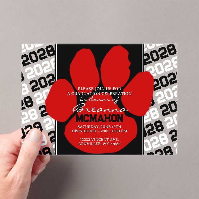 Invitations En Acrylique Trendy Red & Black Graduation Pawprint Clear (In situ (ordinateur de poche))