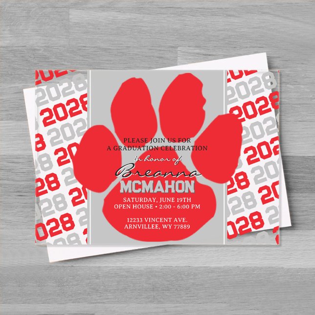 Invitations En Acrylique Trendy Red & Grey Graduation Pawprint Clear (Red and Silver Gray Pawprint Acrylic Graduation Invitation)