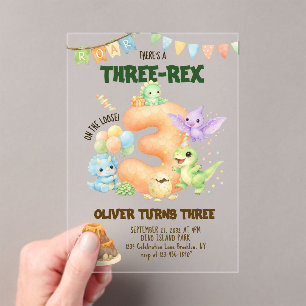 Invitations En Acrylique Trois-Rex Dinosaure Mignon Dino 3ème Anniversaire