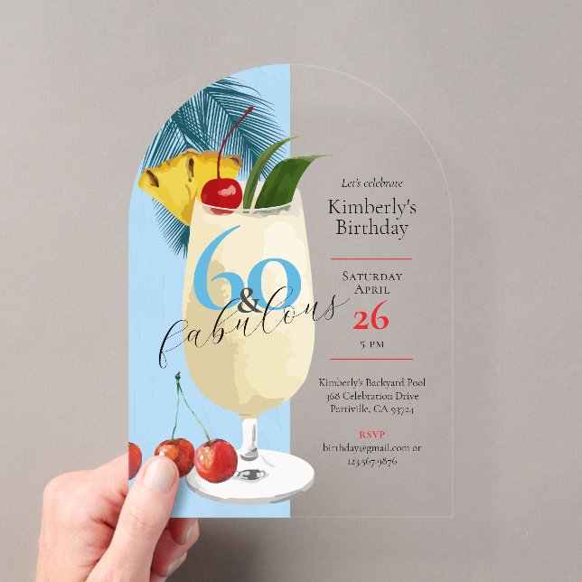 Invitations En Acrylique Tropical Blue Pina Colada 60e fête d'anniversaire (In situ (ordinateur de poche))