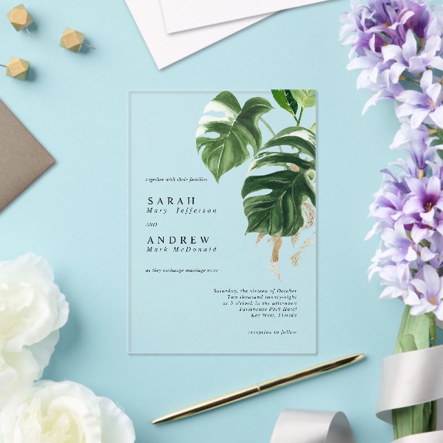 Invitations En Acrylique Tropical Greenery Leaves Modern Minimal Wedding (Insitu (Mariage))