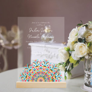 Invitations En Acrylique Turquoise Bleu Rose Mariage Mandala Abstrait