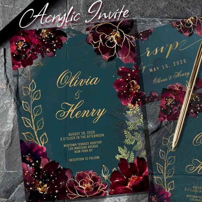 Invitations En Acrylique Turquoise Bordeaux Jewel Tone Gold Script Mariage (ACRYLIC INVITATION)
