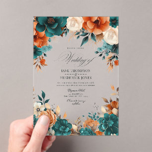 Invitations En Acrylique Turquoise, Burning Orange & Champagne Mariage Flor