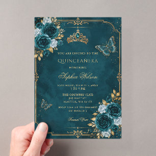 Invitations En Acrylique Turquoise  Or Fleur Papillon Quinceañera