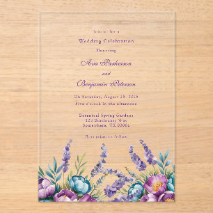 Invitations En Acrylique Turquoise Purple Fleur sauvage Mariage Célébration