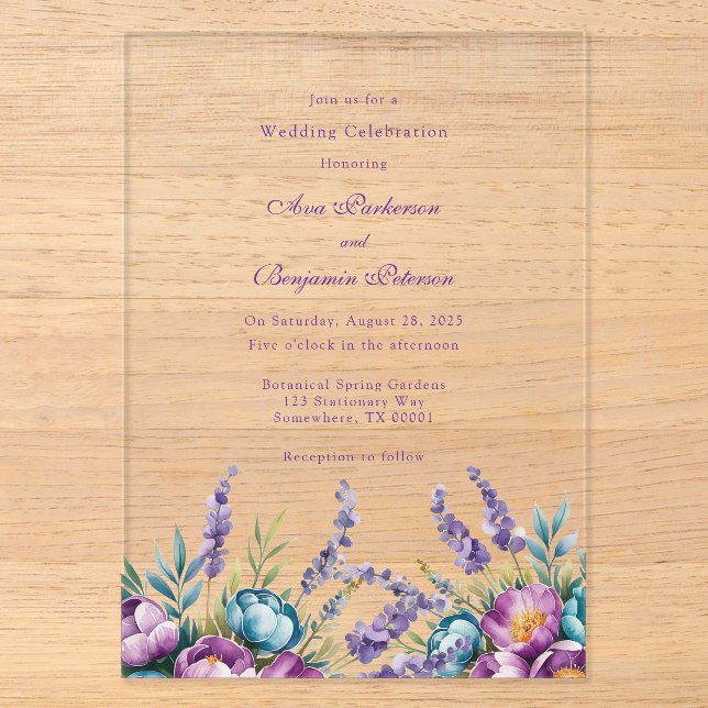 Invitations En Acrylique Turquoise Purple Fleur sauvage Mariage Célébration (Recto)