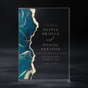 Invitations En Acrylique Turquoise Turquoise Blue Gold Agate Mariage élégan