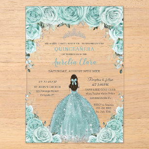 Invitations En Acrylique Turquoise Vert Floral Princess Argent Quinceañera