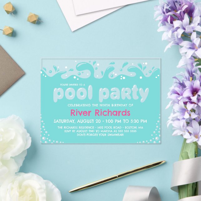 Invitations En Acrylique Turquoise Water Splashes Fille Anniversaire Pool P (Insitu (Mariage))