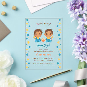 Invitations En Acrylique Twin Boys Baby shower Transparent 2