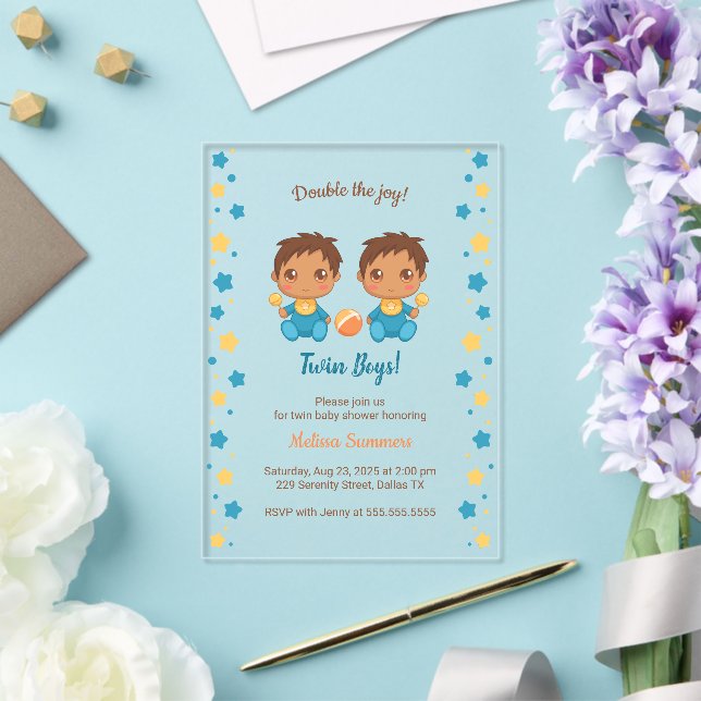 Invitations En Acrylique Twin Boys Baby shower Transparent 2 (Insitu (Mariage))
