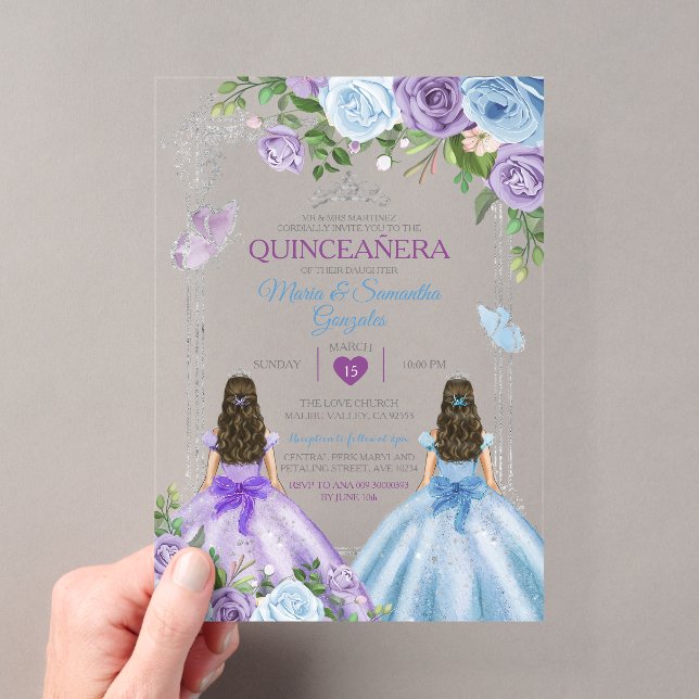 Invitations En Acrylique Twin Violet Et Bleu Papillon Argent Quinceañera (In situ (ordinateur de poche))