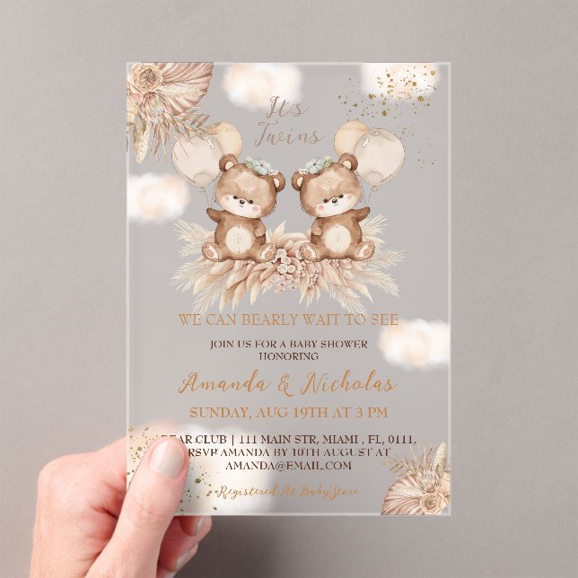 Invitations En Acrylique Twins Bear Boho Baby shower neutre (In situ (ordinateur de poche))