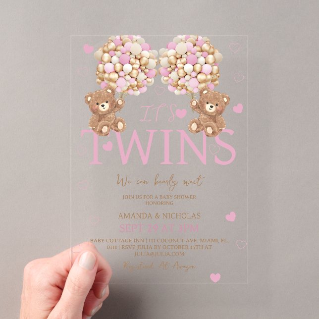 Invitations En Acrylique Twins Blush rose Ours Girls Baby shower (In situ (ordinateur de poche))