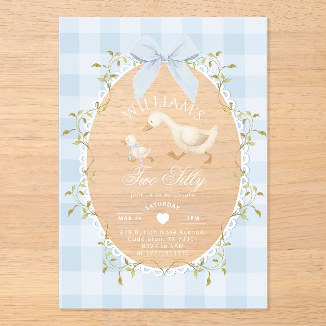 Invitations En Acrylique Two Silly Goose Blue Gingham 2nd Birthday (Recto)