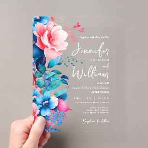 Invitations En Acrylique Typographie moderne Mariage floral rose bleu
