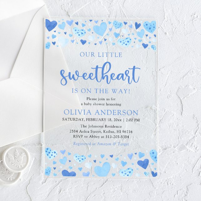 Invitations En Acrylique Un petit Baby shower bleu Valentine (Watercolor Cute Blue Hearts A Little Sweetheart Valentine Baby Boy Acrylic Baby Shower Invitation)