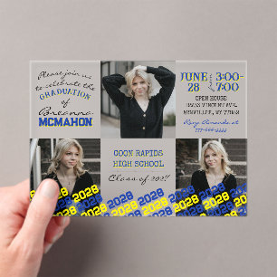 Invitations En Acrylique Unique Bleu & Jaune Graduation 3 Photo Frosted