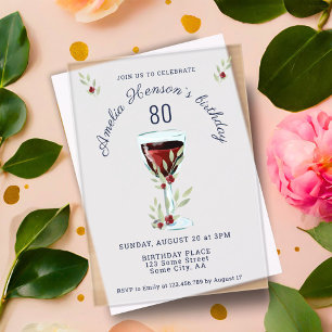 Invitations En Acrylique Verre à vin rouge Rustique 80e Anniversaire Annive