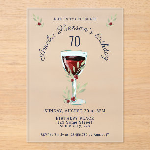 Invitations En Acrylique Verre à vin rouge rustique pour 70e anniversaire