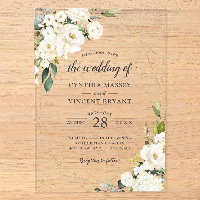 Invitations En Acrylique Vert Blanc Floral Or Mariage géométrique (Recto)