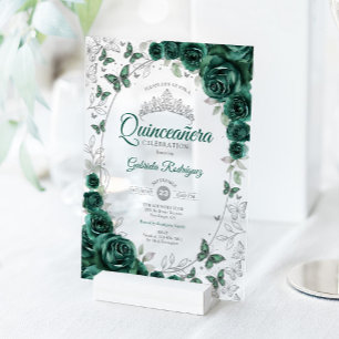 Invitations En Acrylique Vert émeraude Argent Floral Quinceanera