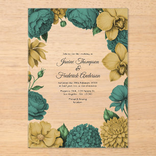 Invitations En Acrylique Vert émeraude et or mariage botanique moderne