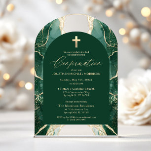 Invitations En Acrylique Vert émeraude Or Agate Confirmation Élégante