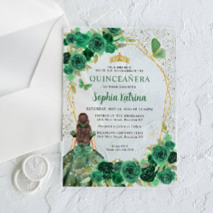 Invitations En Acrylique Vert Émeraude Or Floral Princesse Quinceañera