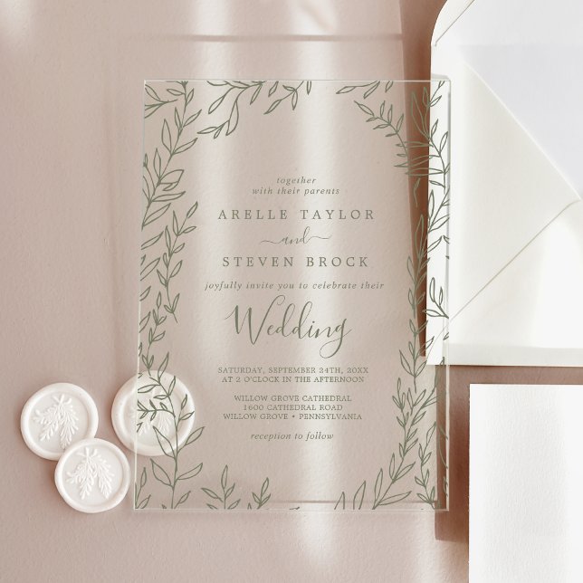 Invitations En Acrylique Vert feuille minimal verdure Élégant Mariage Boho (Minimal Leaf Green Greenery Elegant Boho Wedding Acrylic Invitations)