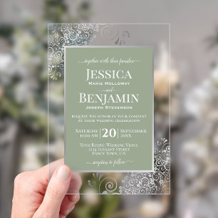 Invitations En Acrylique Vert sauge élégant et argent Mariage texte stylé