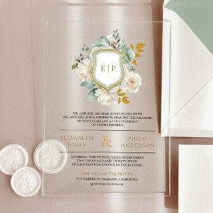 Invitations En Acrylique Vert sauge et floral blanc mariage au blason monog