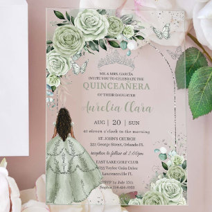 Invitations En Acrylique Vert sauge floral marron fille Quinceañera argenté