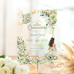 Invitations En Acrylique Vert sauge floral papillons dorés Quinceañera