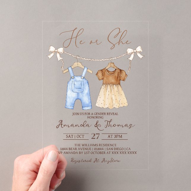 Invitations En Acrylique Vêtements de bébé Il ou Elle Révélation du sexe (In situ (ordinateur de poche))