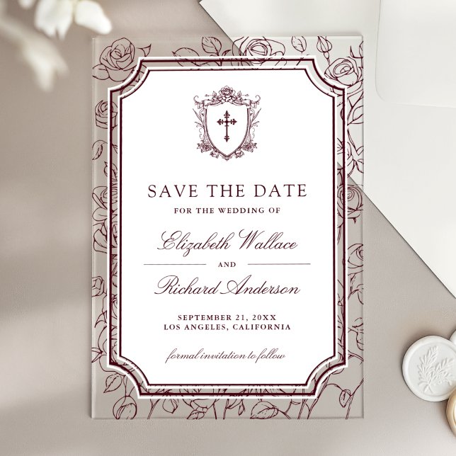 Invitations En Acrylique Victorian Burgundy Catholic Wedding Save the Date (Créateur téléchargé)