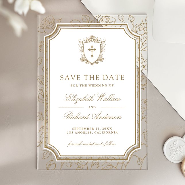 Invitations En Acrylique Victorian Gold Catholic Wedding Save the Date (Créateur téléchargé)