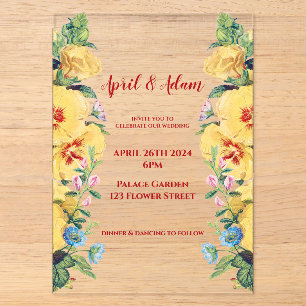 Invitations En Acrylique Vintage Printemps Été Jaune Mariage Floral