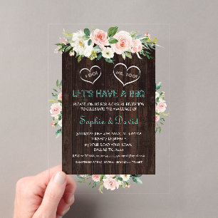 Invitations En Acrylique Vintage Vielle Grange Rose Blanc Floral I DO BBQ