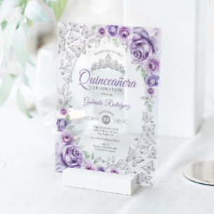 Invitations En Acrylique Violet Pourpre Argent Floral Quinceanera