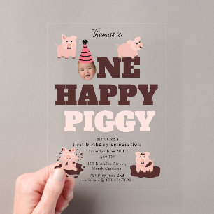 Invitations En Acrylique Visage drôle d'un heureux petit cochon pour une ph