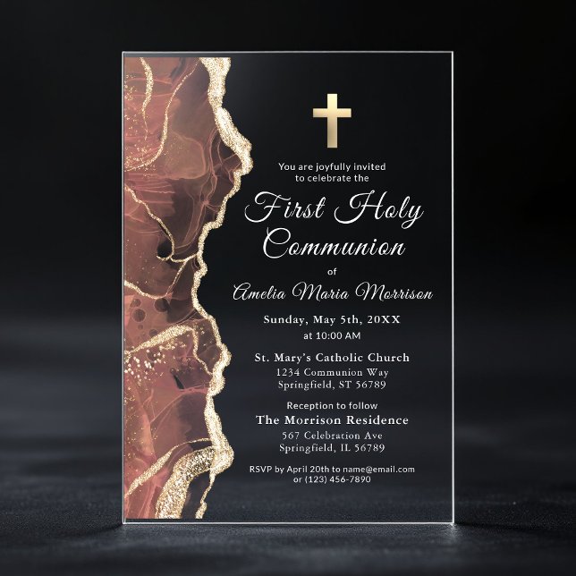 Invitations En Acrylique Vive Rose Or Agate Première Sainte Communion Fille (Créateur téléchargé)