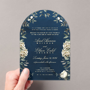 Invitations En Acrylique Voûte de Navy Fougères de Eucalyptus Fleurs Blanch