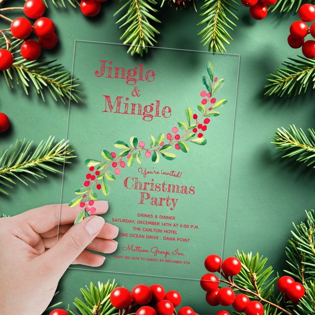Invitations En Acrylique Watercolor Berries Greenery Christmas (Watercolor berries and branches Jingle & Mingle ACRYLIC Christmas party invitations)